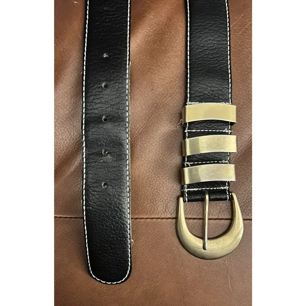 VTG Liz Claiborne Black Leather Belt Gold Hardware Retro Chic Small